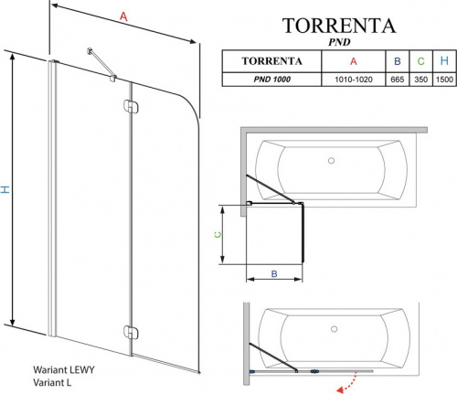 201202-101NL RADAWAY Torrenta PND 100 Шторка на ванну прозрачное стекло L