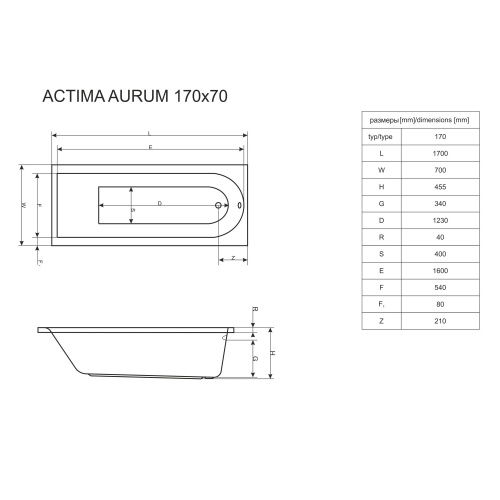 WAEX.AUR17WH EXCELLENT ACTIMA Aurum 170x70 Ванна акриловая на каркасе