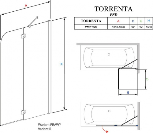 201202-101NR RADAWAY Torrenta PND 100 Шторка на ванну прозрачное стекло R